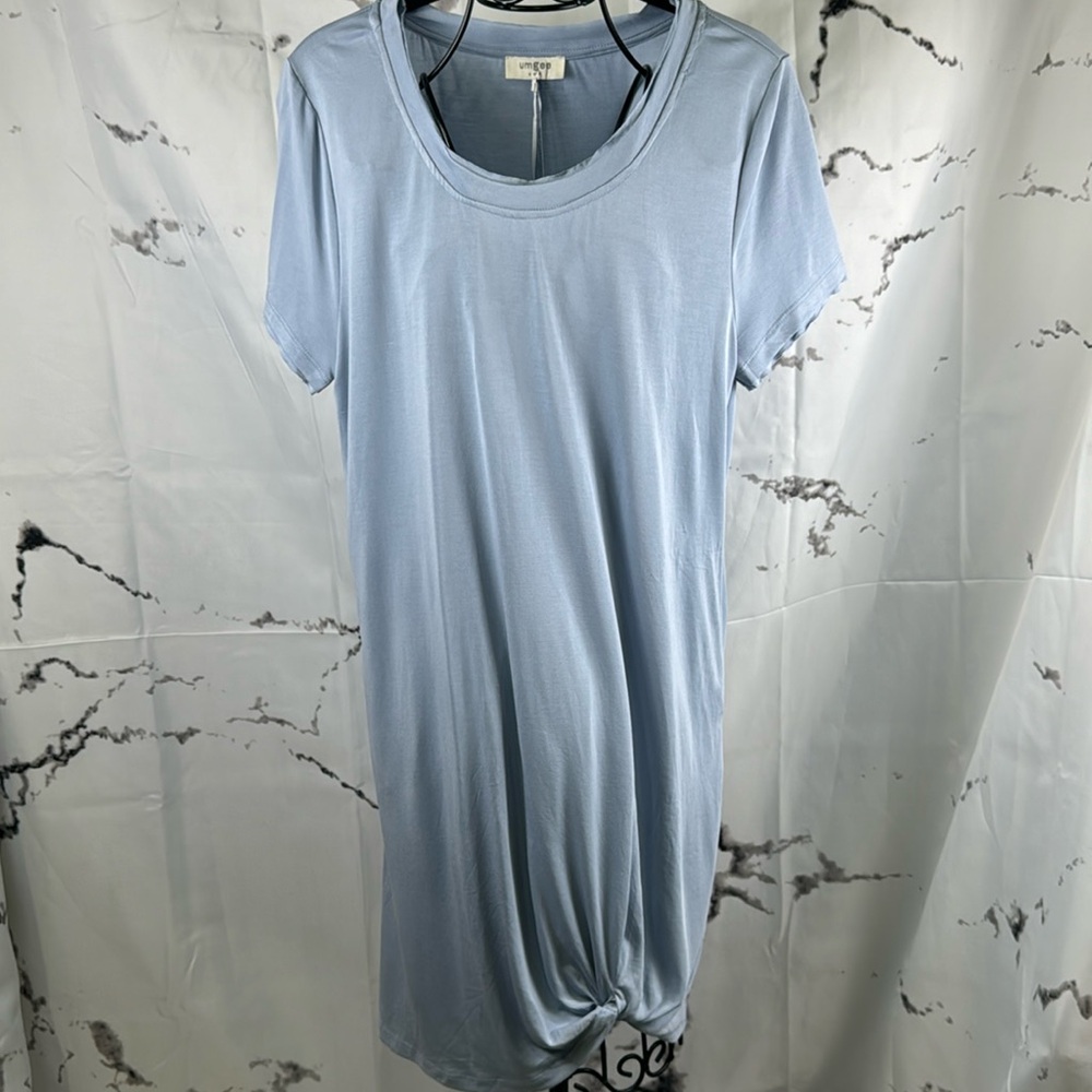 Umgee Modal T-Shirt Dress Raw Edge Trim Knotted Hem Solid Light Blue Pockets